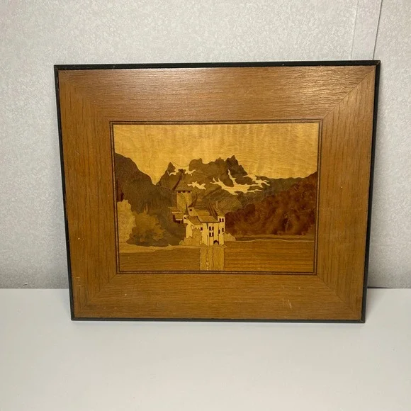 Vintage "Lake Geneva" Castle of Chillon Handmade Marquetry Inlaid Wood Picture - Picture 1 of 6